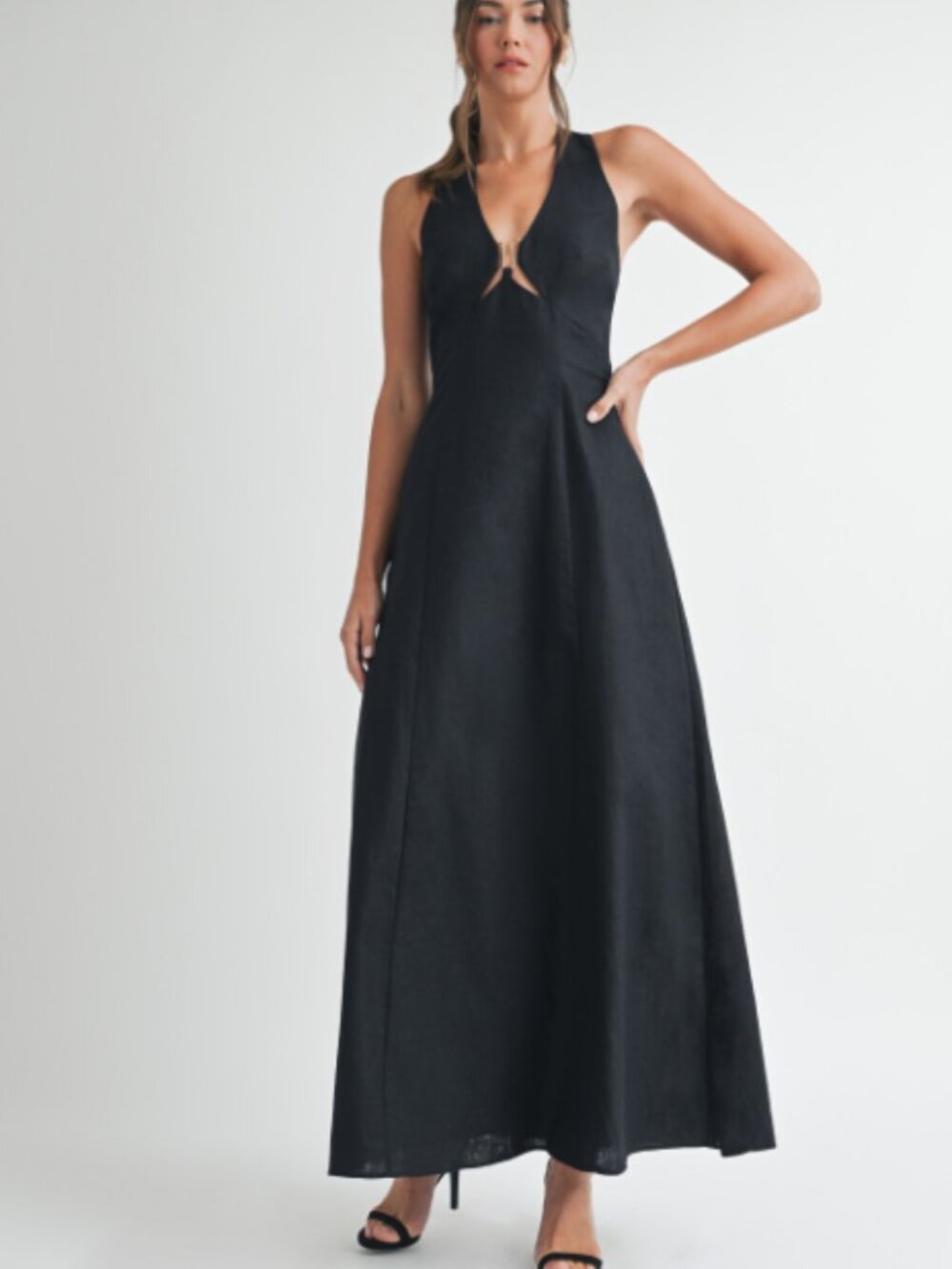 Minimist — Black Linen Halter Maxi Dress | Elegant Ring Detail | New Arrival